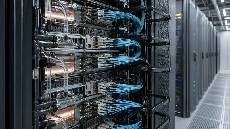 Fiber patch cords in a liquid-cooled AI data center rack Fiber patch cords in a liquid-cooled AI data center rack